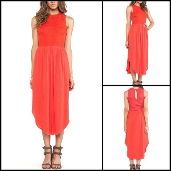 Ulla Johnson Cowrie Sleeveless Smocked Coral Raw Asymmetrical Hem Midi Dress 6 - Picture 1 of 16